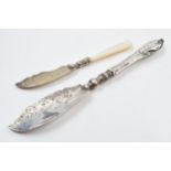 Silver and Mother of Pearl butter knife, Birm 1907, with a Victorian silver bladed fish knife,