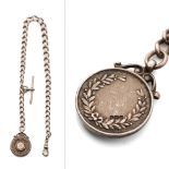 Hallmarked silver Albert pocket watch chain with T-bar and fob, 57.4 grams, 40cm long.