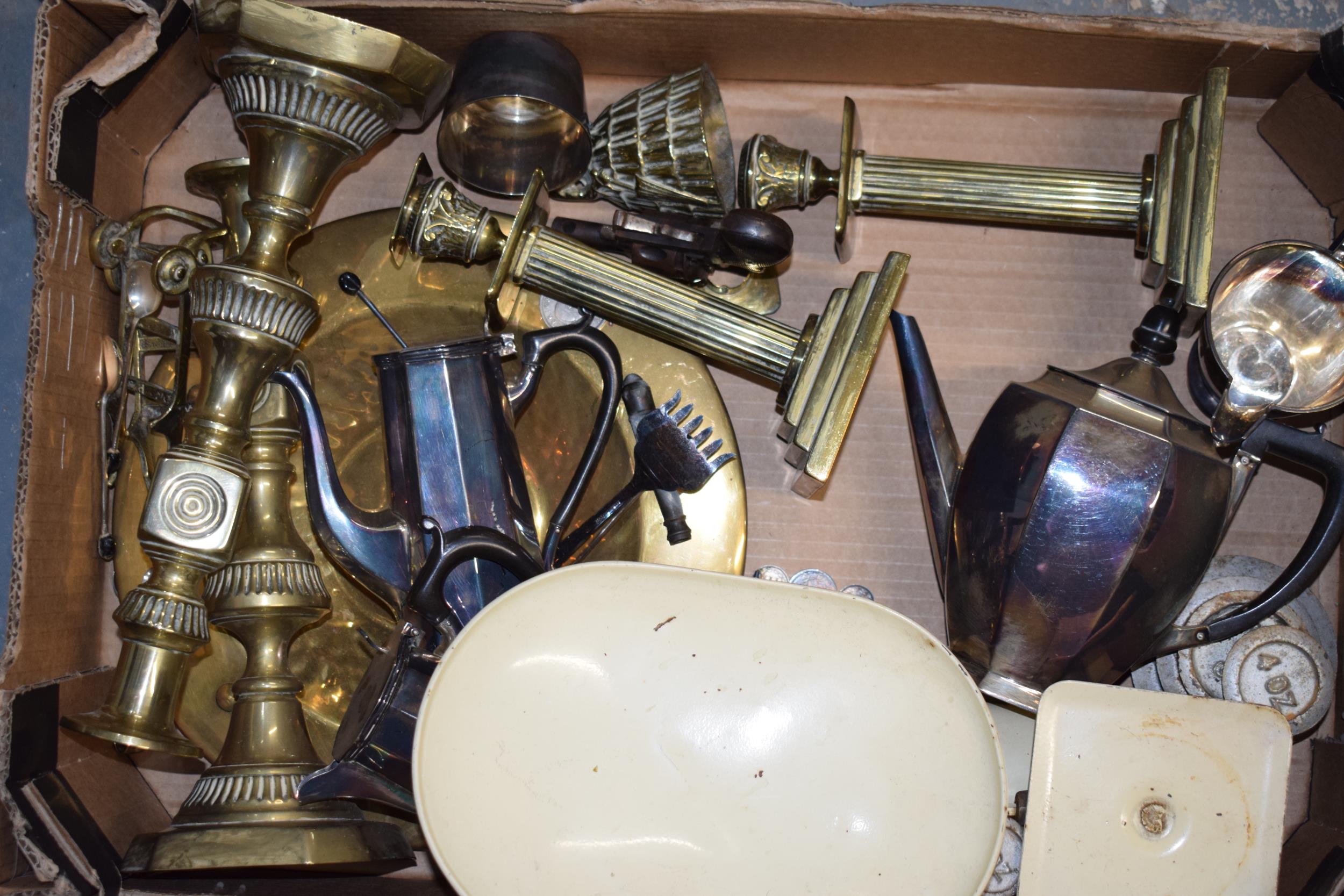 A good collection of metalware to include a silver plated tea and coffee set, a set of vintage