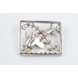 Danish sterling silver brooch with leaping dolphins, 9.8 grams, 35mm wide.