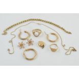9ct gold to include 2 broken signet rings, a heart shaped locket, singular earrings, chains and