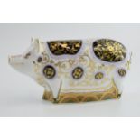 Royal Crown Derby paperweight in the form of a Spotty Pig, first quality with gold stopper. In