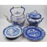 Blue and white pottery to include a large Spode teapot along with 3 other bits. Spode teapot in good