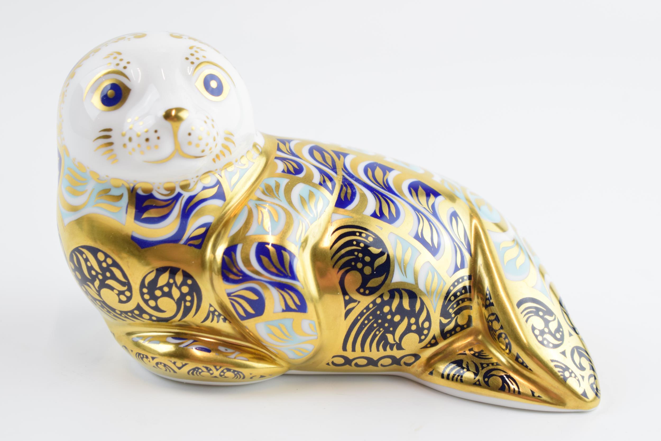 Royal Crown Derby paperweight in the form of a Harbour Seal, first quality with gold stopper. In