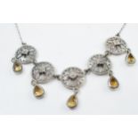 Silver citrine necklace with panels and drop on silver chain.
