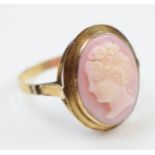 9ct gold (tests as) pink coral cameo ring, size S, 2.8 grams.