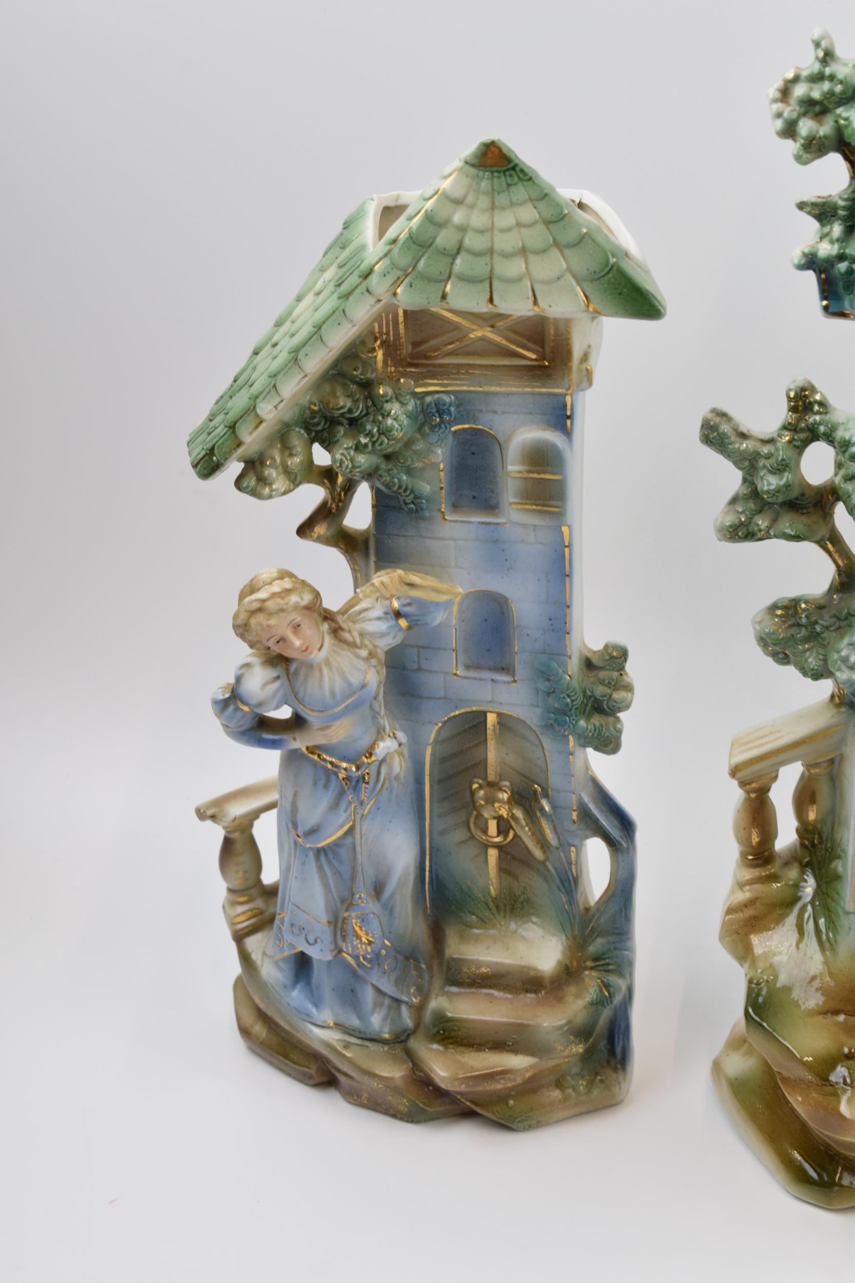 Edwardian continental pottery mantle clock with matching garniture vases (3), 41cm tall. Generally - Image 4 of 4