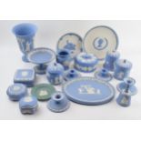 Wedgwood Jasperware in varying colours such as teal, white and blue to include vases, trinkets,