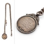 Hallmarked silver Albert pocket watch chain with T-bar and fob, 53.5 grams, 42cm long.
