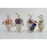 Four Royal Crown Derby miniature sporting bear paperweights, Cricketer (9cm), Footballer (Red and