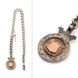 Hallmarked silver Albert pocket watch chain with T-bar and fob, 51.5 grams, 36.5cm long.