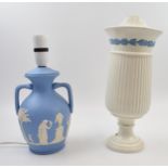 A Wedgwood Queenware lamp base, cream ground with blue relief together with a similar Dudson