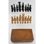 Regency style softwood chess set in it's original box. Competition size pieces King 9.5cm, Queen 8.