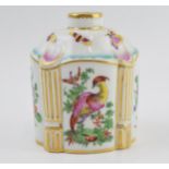 Chelsea porcelain (or in the style of) tea caddy, decorated with exotic birds, 10.5cm tall.