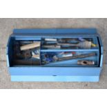 Vintage metal blue Talco tool box with mixture of tools and contents.