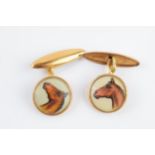 A pair of vintage gilt metal cufflinks with horse's heads transfer decoration (2).