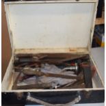 Vintage painted wooden tool box with folding with contents to include files and other tools.