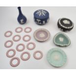 Wedgwood Jasperware. A good selection of colours including mint green, teal, black, cobalt, and