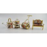 Four Royal Crown Derby miniatures, Watering Can, ‘Rich Japan’ pattern, red Royal Crown Derby stamp