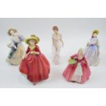 Royal Doulton figures to include Grand Manner, A Single Red Rose, Janet, Linda and Clare (5). In