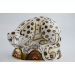 Boxed Royal Crown Derby paperweight in the form of a Snow Leopard, with silver stopper. In good