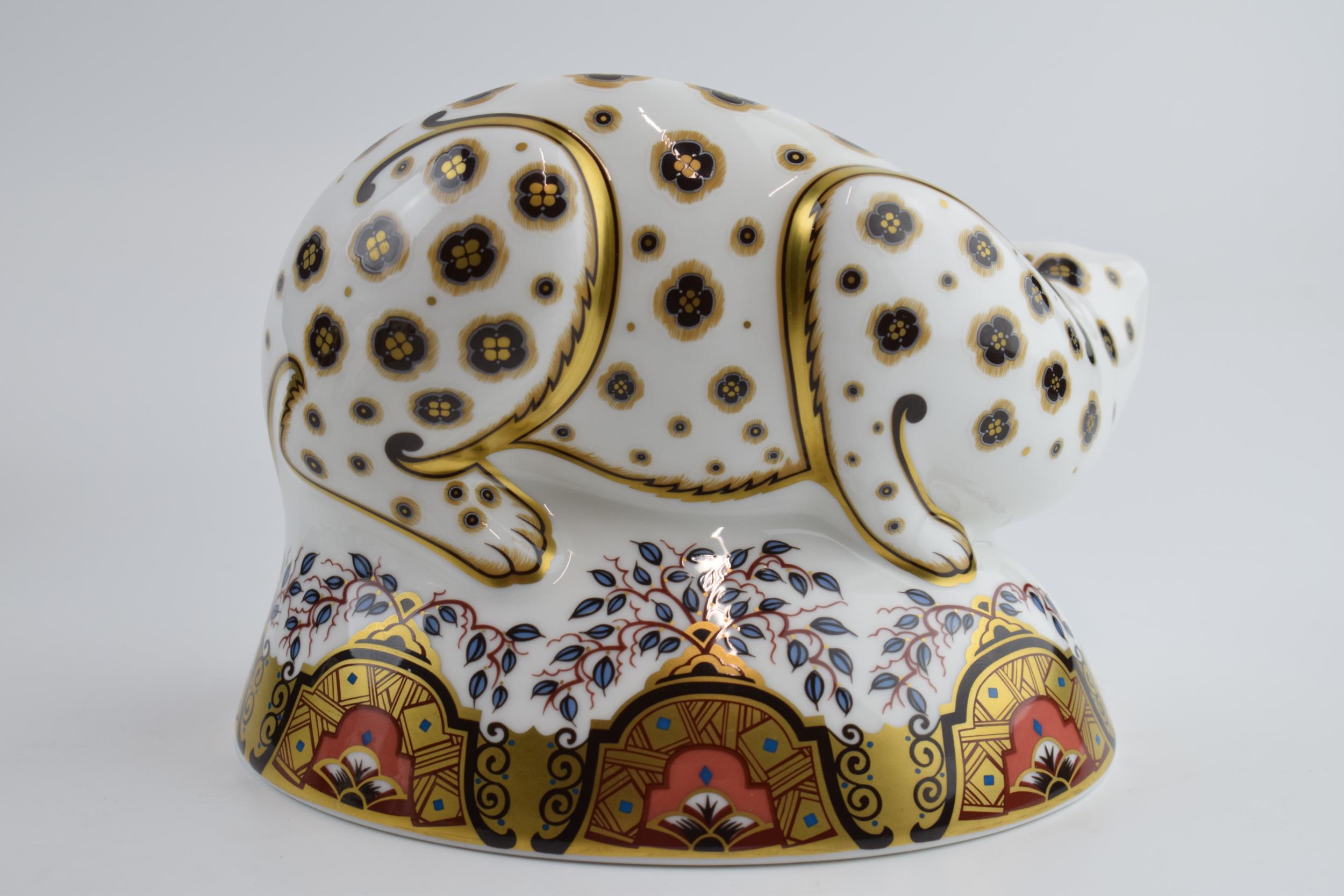 Boxed Royal Crown Derby paperweight in the form of a Snow Leopard, with silver stopper. In good - Image 2 of 3