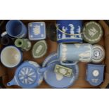 Wedgwood Jasperware and Queensware mixed lot. Including teapot, early 20th century blue dip, sage