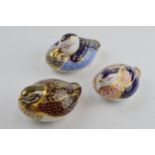 Royal Crown Derby paperweights in the form of a Dappled Quail, a duck and a quail (3), first quality