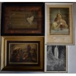 4 mixed artworks to include a bamboo framed silk kingfisher with 3 mixed religious artworks (4),