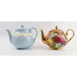 Wedgwood Queensware white on blue teapot (slight af) together with a Everill and Smith fruit scene