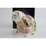 Boxed Royal Crown Derby paperweight in the form of a Bulldog, first quality with gold stopper. In