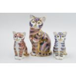 Royal Crown Derby Paperweights in the form of a Cat and 2 kittens, kittens first quality with gold