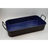 Large French enamel baking / roasting tray. Heavy steel with mottled blue enamel liner. Twin steel