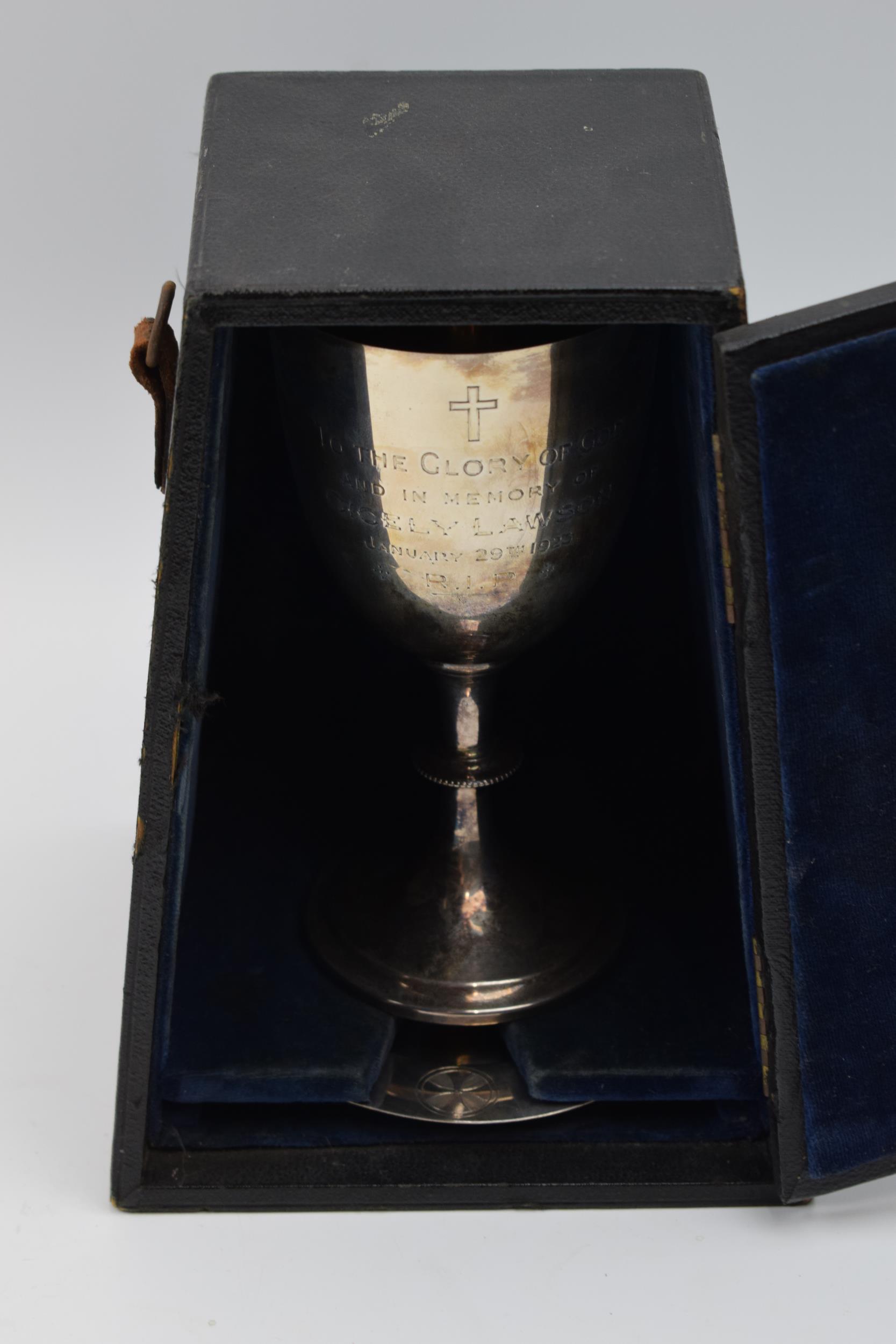 Hallmarked silver goblet with small raised edge tray, tankard with inscription 'St Thomas Penkhul' - Image 8 of 8