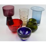 A collection of studio art glass to include Ekenas Swedish 1960s green glass vase, with 5 others