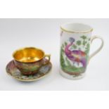 Wilton China cup and saucer decorated with lustre and gilt interior, with 19th century peacock