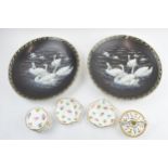 Mintons pair of 25cm plates decorated with swans with smaller floral items (6). Display well but odd