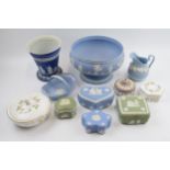 Wedgwood Jasperware to include a large pedestal bowl, a lilac trinket, dip blue flower vase, a