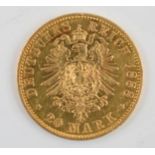 High carat gold coin (circa 21.6ct), German 1888 20 Mark coin, 7.9 grams, 12mm diameter. In good