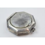 Silver rouge pot with guilloche enamelled decoration, mirror to interior, 4.5cm diameter.