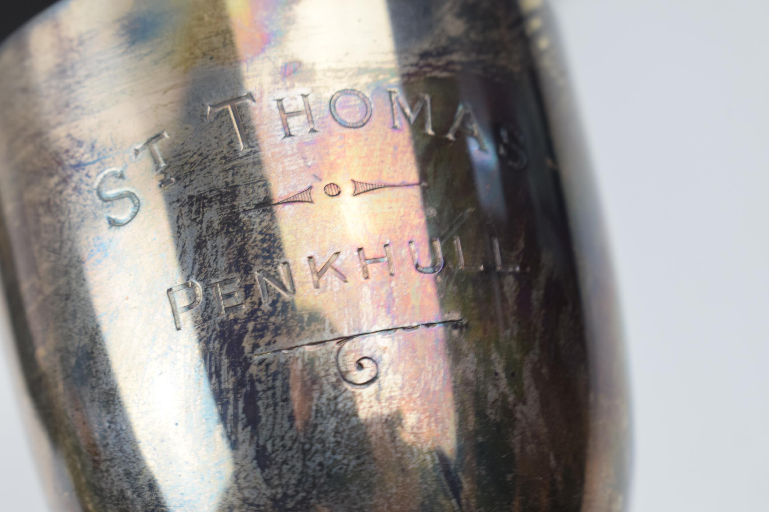 Hallmarked silver goblet with small raised edge tray, tankard with inscription 'St Thomas Penkhul' - Image 6 of 8