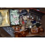Mixed items to include coins, costume jewellery, pottery part chess set, apothecary / chemist