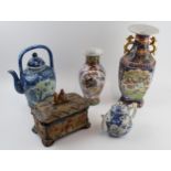 20th century Oriental / Eastern pottery to include a transfer teapot, large vase, trinket box and