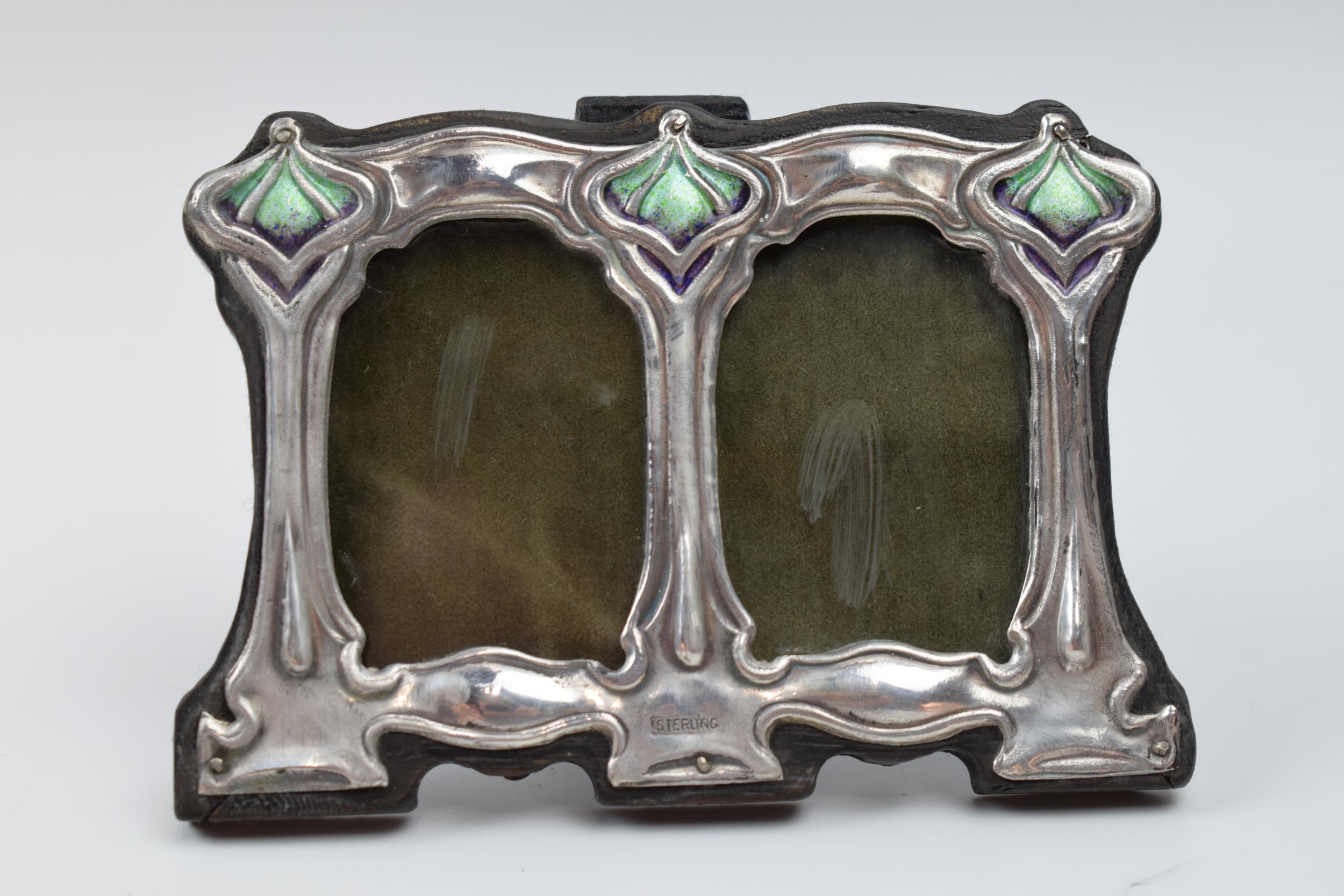 Sterling silver double photo frame with enamelled decoration in an Art Nouveau / Liberty style, 11cm
