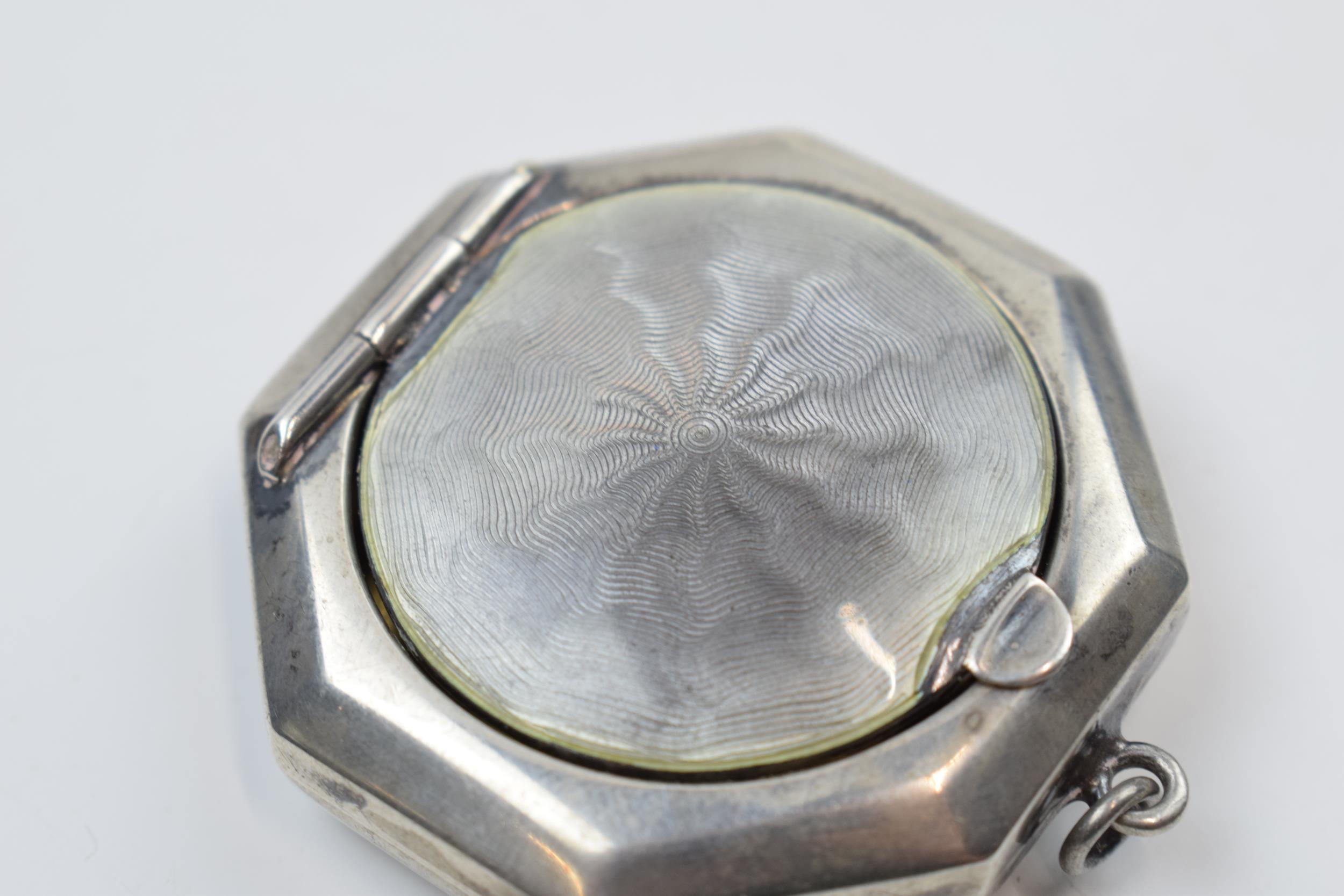 Silver rouge pot with guilloche enamelled decoration, mirror to interior, 4.5cm diameter. - Image 2 of 4