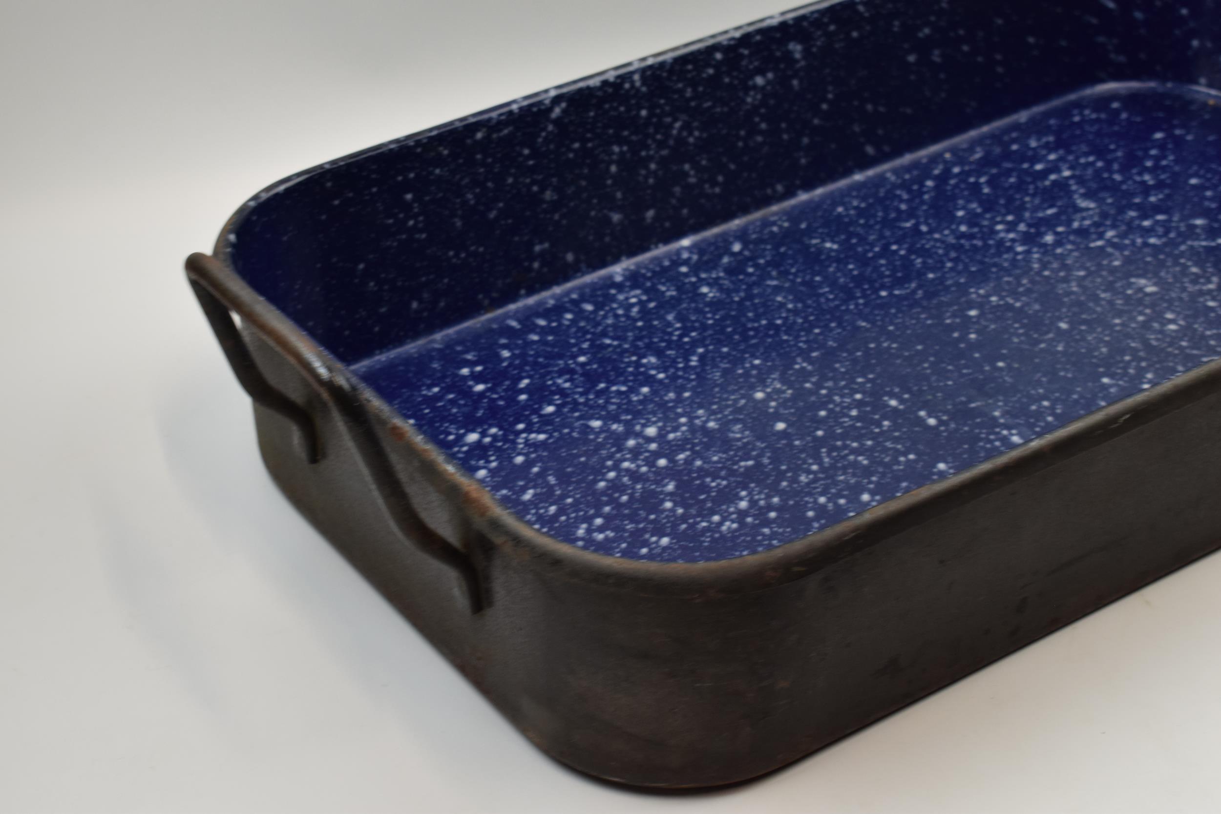 Large French enamel baking / roasting tray. Heavy steel with mottled blue enamel liner. Twin steel - Image 2 of 4