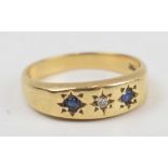Ladies 9ct gypsy ring with sapphires and diamond. London hallmark. Ring size N 1/2. Weight 2.8g.