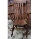 High backed country / farmhouse arm chair with shaped saddle seat, 114cm tall. Displays well and