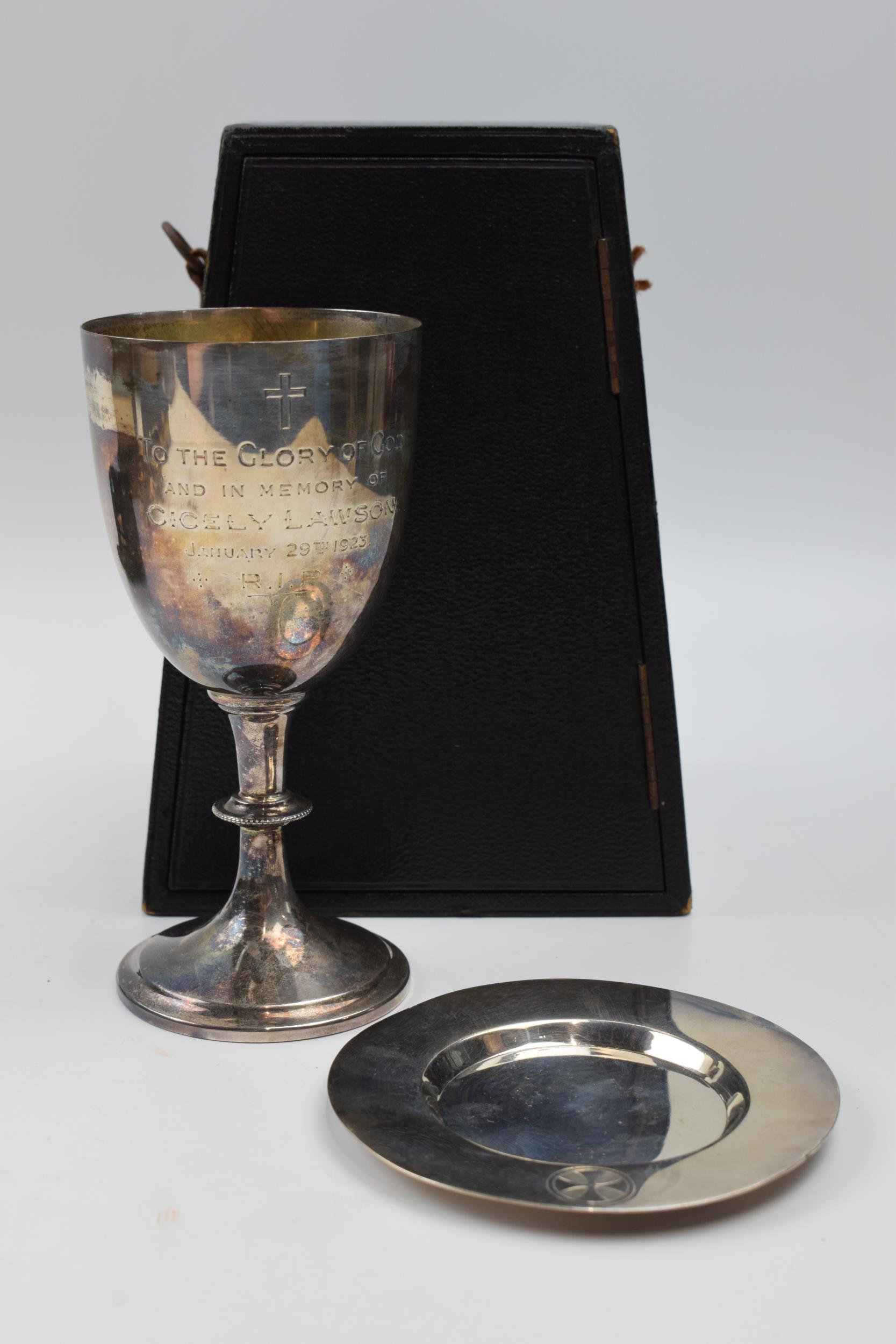 Hallmarked silver goblet with small raised edge tray, tankard with inscription 'St Thomas Penkhul'