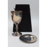 Hallmarked silver goblet with small raised edge tray, tankard with inscription 'St Thomas Penkhul'